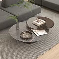 Elegant Round Coffee Table In Living Room With Magazines Tray Glasses And Plant