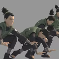 Game Movie Character In Green Outfit With Black Stripes Multiple Action Poses Jumping Squatting