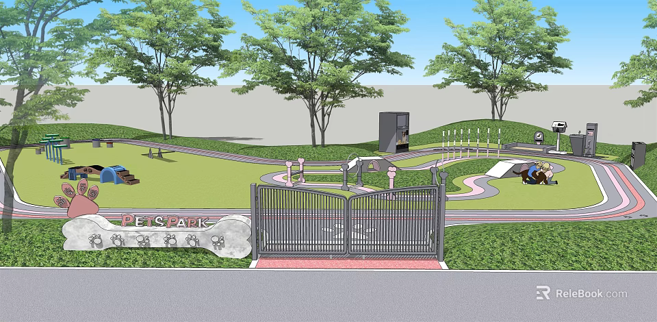 PE Square Entrance Featuring Metal Gate Lawn Trees Stone Sign And Pathways 3d model 