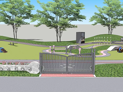 PE Square Entrance Featuring Metal Gate Lawn Trees Stone Sign And Pathways 3d model