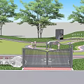 PE Square Entrance Featuring Metal Gate Lawn Trees Stone Sign And Pathways