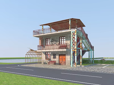 Contemporary Two Story House Design With Red Roof Balcony Metal Staircase And Bicycle Decor 3d model