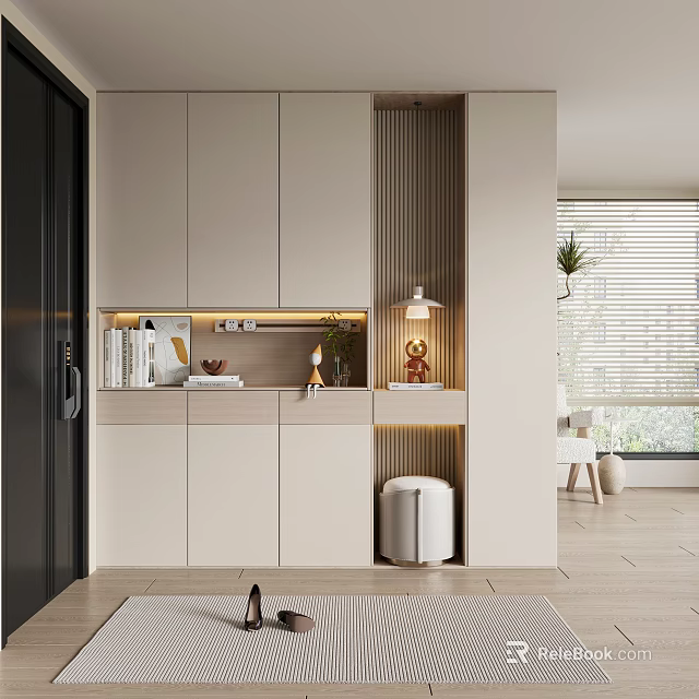 Elegant Modern Entryway Design With White Cabinets LED Strips Decorative Ornaments And Small Stool 3d model 