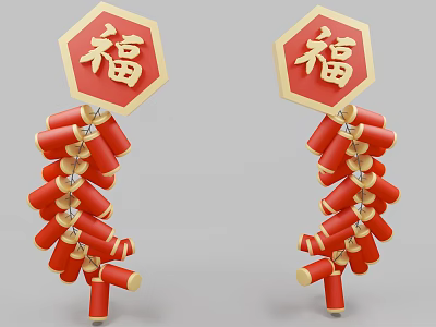 Traditional Chinese New Year Decorations With Red Octagonal Fu Plaques And Golden Firecracker Strings 3d model