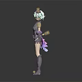 Elegant 3D Character With Green Hair Purple Outfit Headpiece And Decorative Accessories