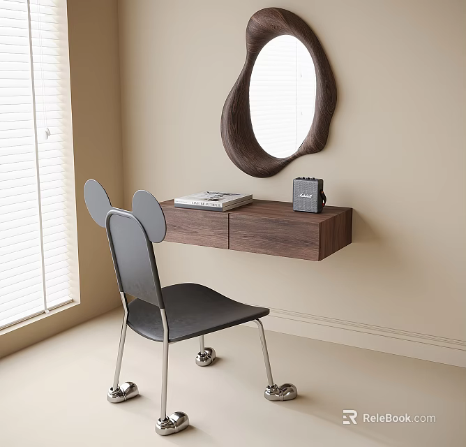 Modern Wall mounted Wooden Dressing Table Interior With Mirror Chair Books And Camera 3d model 