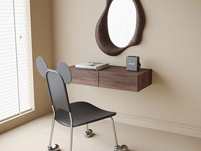 Modern Wall mounted Wooden Dressing Table Interior With Mirror Chair Books And Camera 3d model