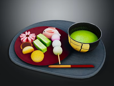 Assorted Japanese Traditional Sweets With Colorful Shapes On Red Tray And Matcha Bowl 3d model