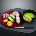 Assorted Japanese Traditional Sweets With Colorful Shapes On Red Tray And Matcha Bowl