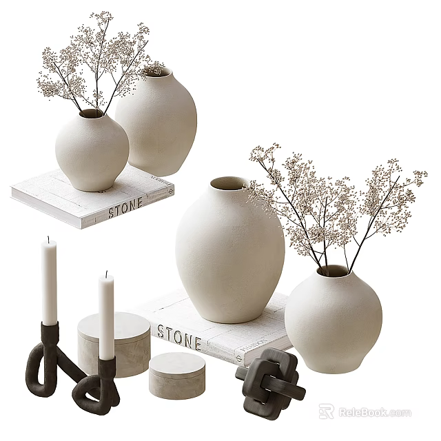 Minimalist White Ceramic Decorative Ornament Set With Vases Dried Flowers Candles And Wooden Stone Bases 3d model 