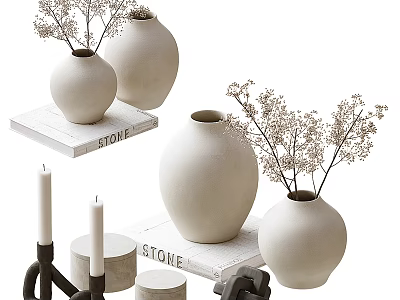 Minimalist White Ceramic Decorative Ornament Set With Vases Dried Flowers Candles And Wooden Stone Bases 3d model
