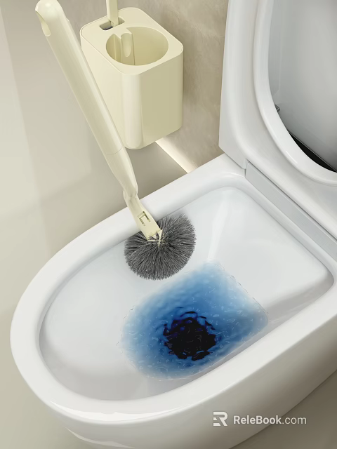Bathroom Set With Toilet Brush Cleaning Blue Water In White Toilet Bowl 3d model 