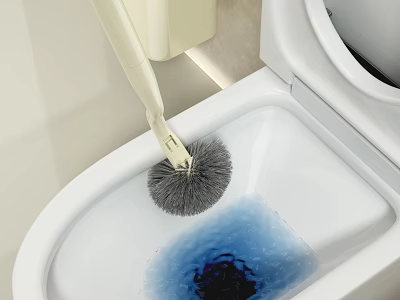 Bathroom Set With Toilet Brush Cleaning Blue Water In White Toilet Bowl 3d model