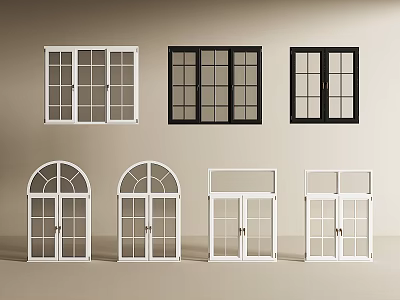 Various Casement Windows With White Black Colors Grid Patterns And Arched Rectangular Designs 3d model