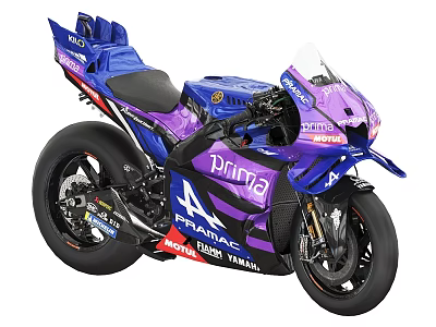 Blue and Purple Racing Motorcycle with Prima FRANMAC Yamaha Logos and Number 4 Design 3d model