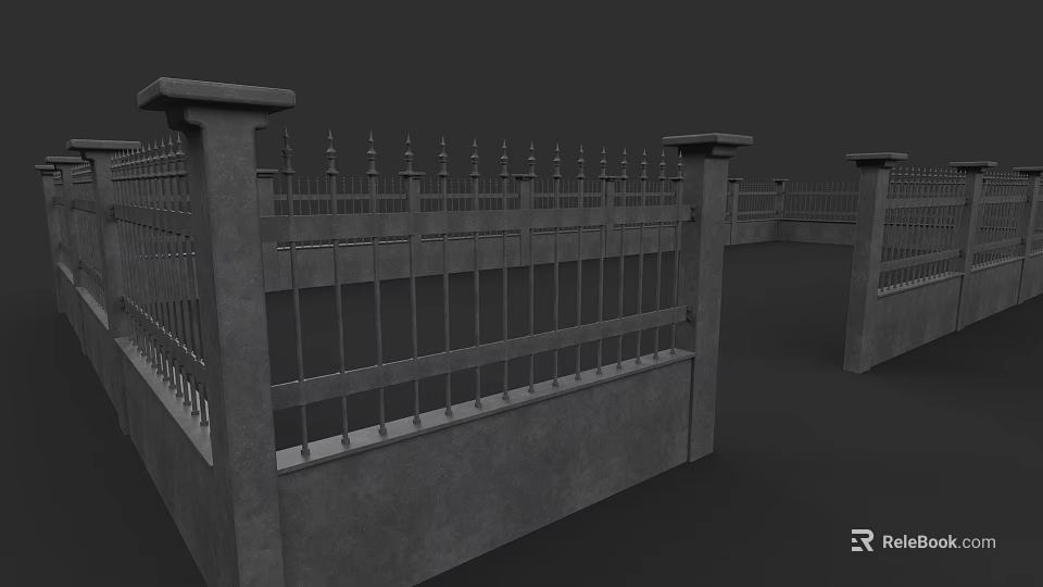 Outdoor Decorative Fence With Concrete Pillars And Metal Spiked Railings 3d model 
