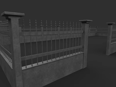 Outdoor Decorative Fence With Concrete Pillars And Metal Spiked Railings 3d model