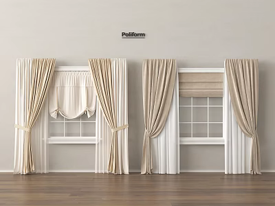 Beige And White Curtains With Valance For Indoor Home Windows Drapes 3d model