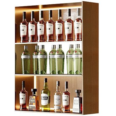 Wine Bottles and Glasses Neatly Displayed on Tiered Shelves with Various Colored Labels 3d model
