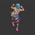 Woman In Vibrant Colorful Outfit With Blue Headpiece Rainbow Socks And Pink Shoes Dancing