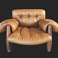 Brown Leather Single Seater Sofa With Tufted Design And Wooden Legs