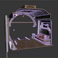 Mini Cabin Interior With Arched Wooden Roof Wooden Floor Red Sofa And Shelves