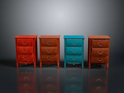 Colorful Wooden Bedside Tables with Drawers and Carved Legs in Various Tones 3d model