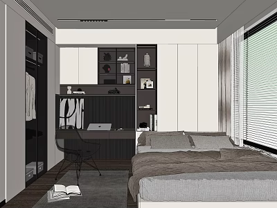 Modern Tatami Bedroom Interior Design With Tatami Bed Built in Storage Desk and Window Blinds 3d model