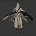 Woman Standing in Patterned Robe with Cloak and Hood Spreading Hands