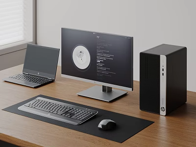 Modern Laptop and Desktop Computer Setup on Wooden Desk with Monitor Tower Keyboard and Mouse 3d model