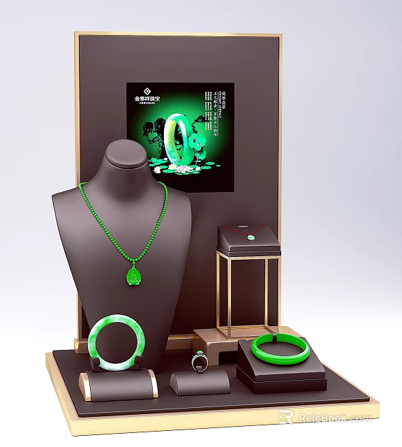 Green Jade Jewelry Collection Featuring Necklace Pendant and Bracelets on Display Stand with Case 3d model 