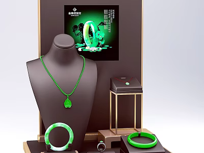 Green Jade Jewelry Collection Featuring Necklace Pendant and Bracelets on Display Stand with Case 3d model