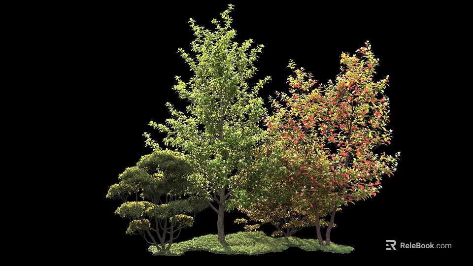 Arbor Collection With Green And Colorful Leaves In Natural Grass Landscape 3d model 