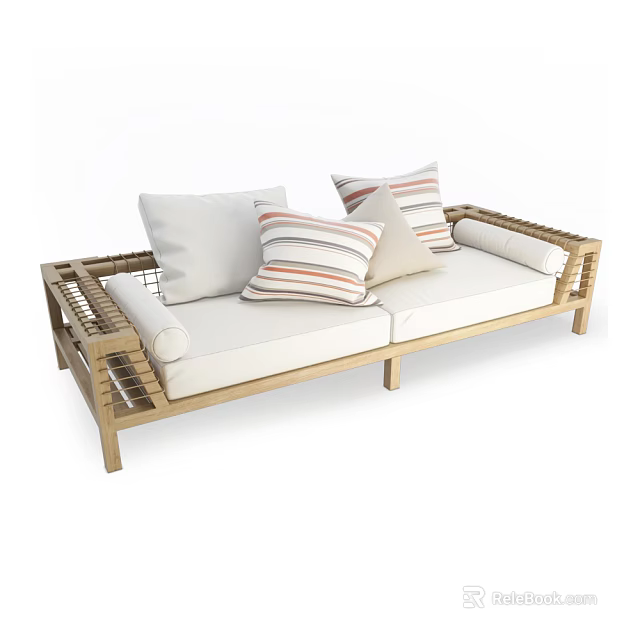 Modern Outdoor Sofa with Wooden Frame and Stripe Pattern Cushions 3d model