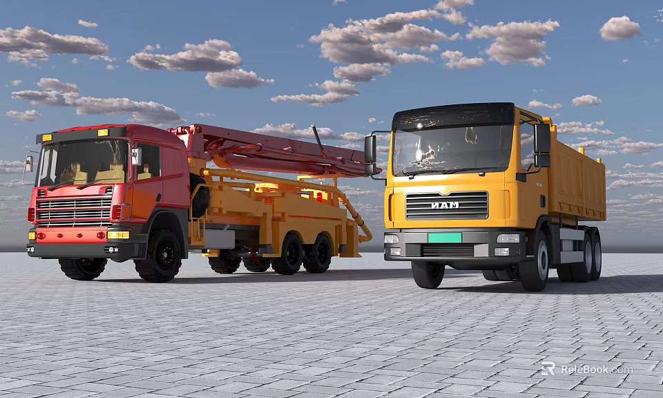 Red And Yellow Utility Trucks Parked On Paved Ground Under Blue Sky With Clouds 3d model 