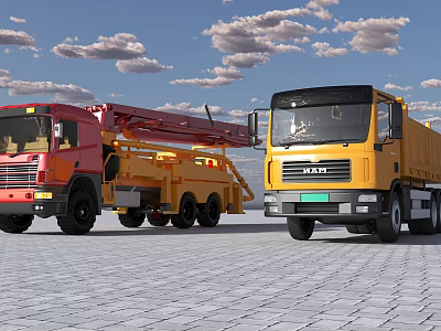 Red And Yellow Utility Trucks Parked On Paved Ground Under Blue Sky With Clouds 3d model
