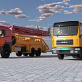 Red And Yellow Utility Trucks Parked On Paved Ground Under Blue Sky With Clouds