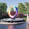 Garden Ornament Rainbow Colored Circular Sculpture with Water Fountain Surrounded by Trees and Flowers