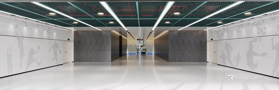 Modern Minimalist Lobby Reception Area With Geometric Walls Lighting Strips And Open Space 3d model 