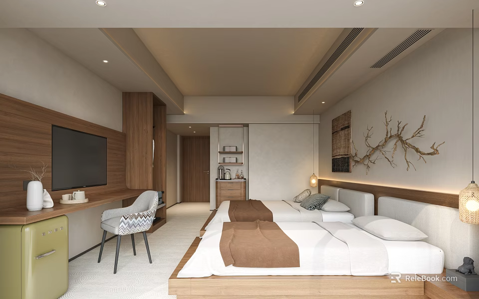 Modern Warm Twin Bed Hotel Guest Room With Natural Wood Decor And Comfortable Layout 3d model 