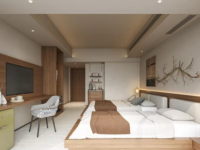 Modern Warm Twin Bed Hotel Guest Room With Natural Wood Decor And Comfortable Layout 3d model