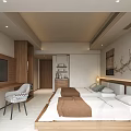 Modern Warm Twin Bed Hotel Guest Room With Natural Wood Decor And Comfortable Layout