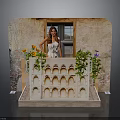 Decorative Balcony Structure With Arch Patterns And Potted Flowers By Brick Window
