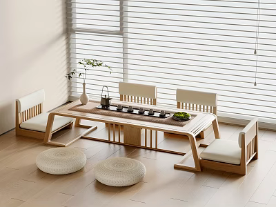 Modern Wooden Tea Table and Chairs with Round Cushions by Window Vase and Tea Set 3d model
