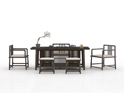 Traditional Chinese Tea Table and Chairs Set With Wooden Structure and Flower Decoration 3d model
