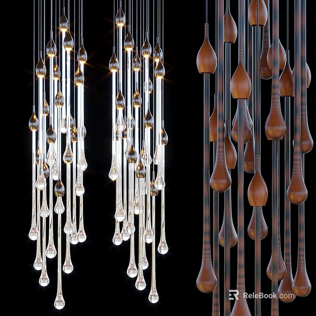 Modern Chandelier With Glass And Wooden Pendants In Elegant Hanging Design 3d model 