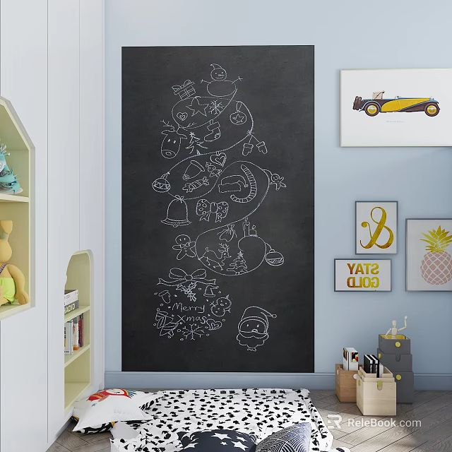 Festive Decorative Hangings Hand Drawn White Line Art On Blackboard Wall For Room Decor 3d model 