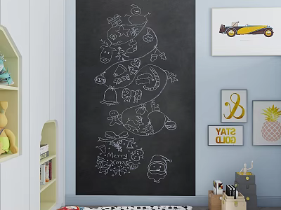 Festive Decorative Hangings Hand Drawn White Line Art On Blackboard Wall For Room Decor 3d model