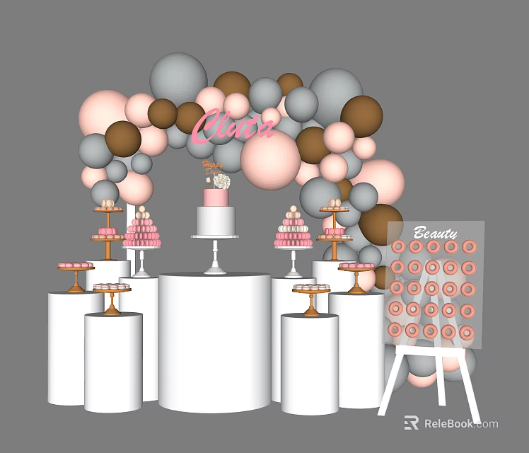 Inflatable Balloon Arch in Pastel Pink Grey Brown with Cake Dessert Display on Pedestals 3d model 