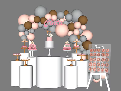 Inflatable Balloon Arch in Pastel Pink Grey Brown with Cake Dessert Display on Pedestals 3d model